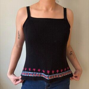 Y2K Black Fairycore Floral Cottage Sleeveless Embroidered Tank Top - Size Small